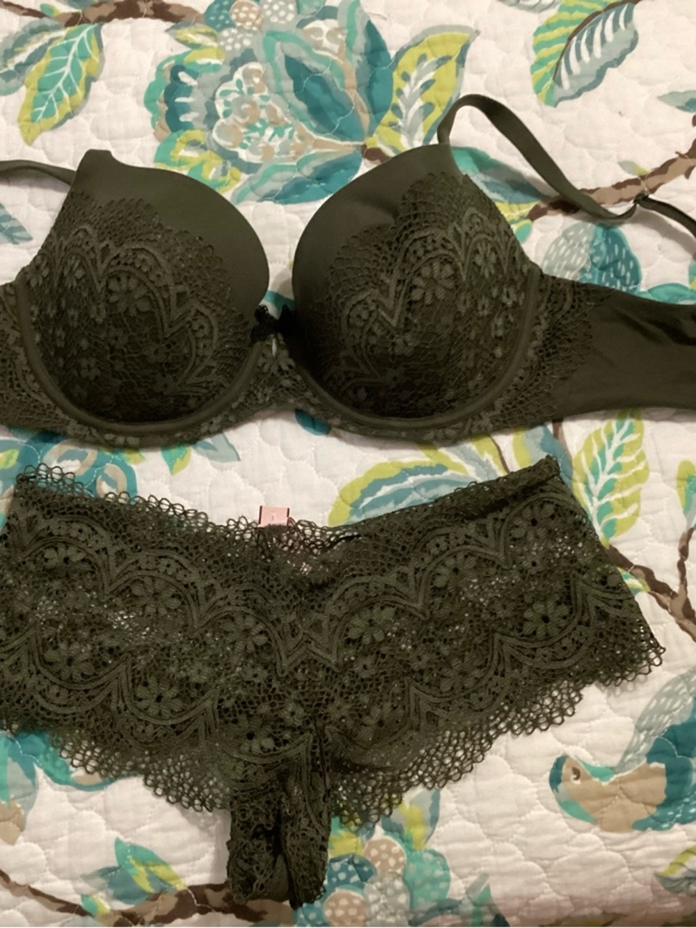 Victoria's Secret Olive Green Lace Push-Up Bra & Lace Cheeky Brief Set